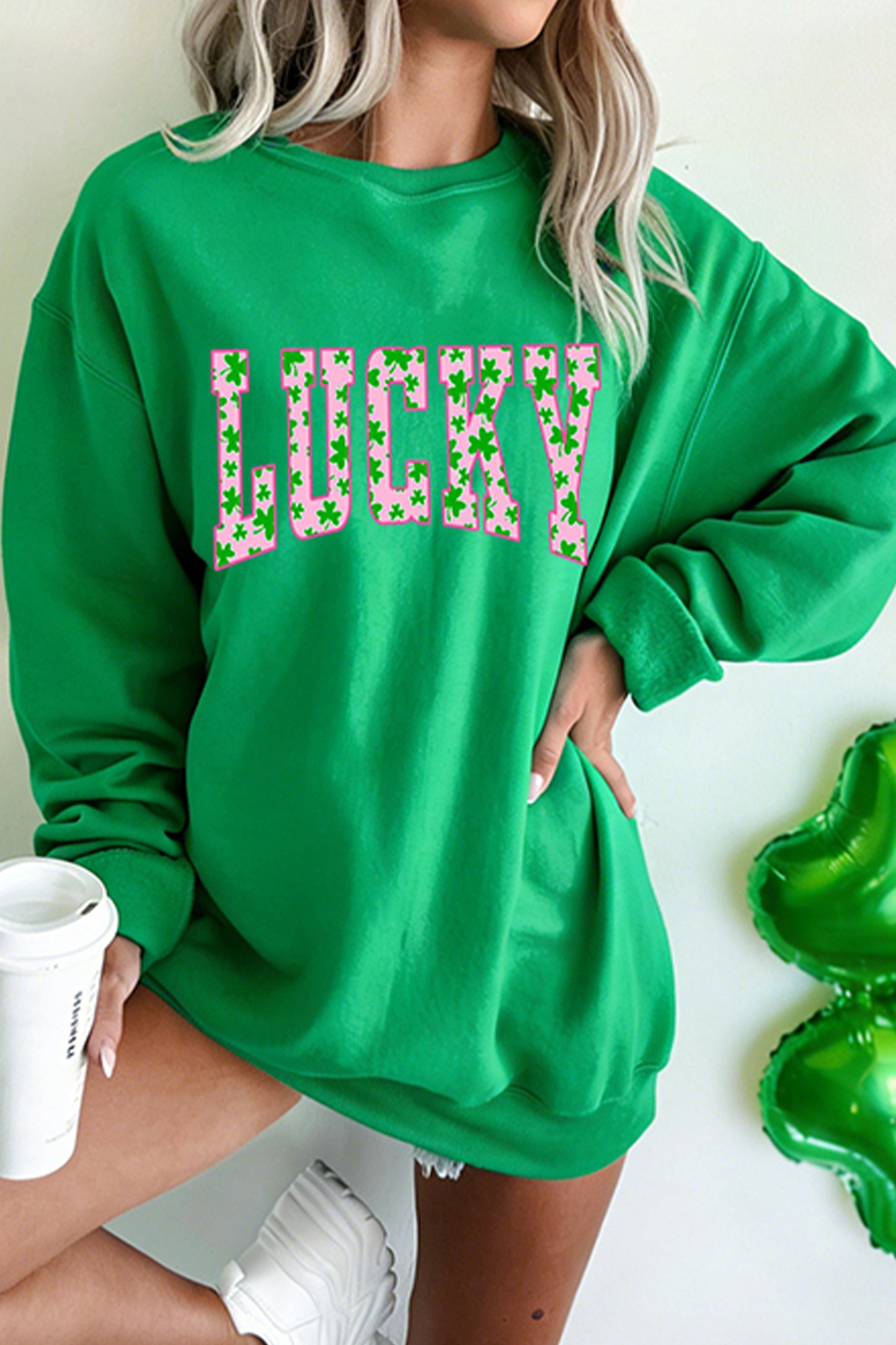 Dark Green LUCKY Clover Letter Printed Loose Pullover Sweatshirt