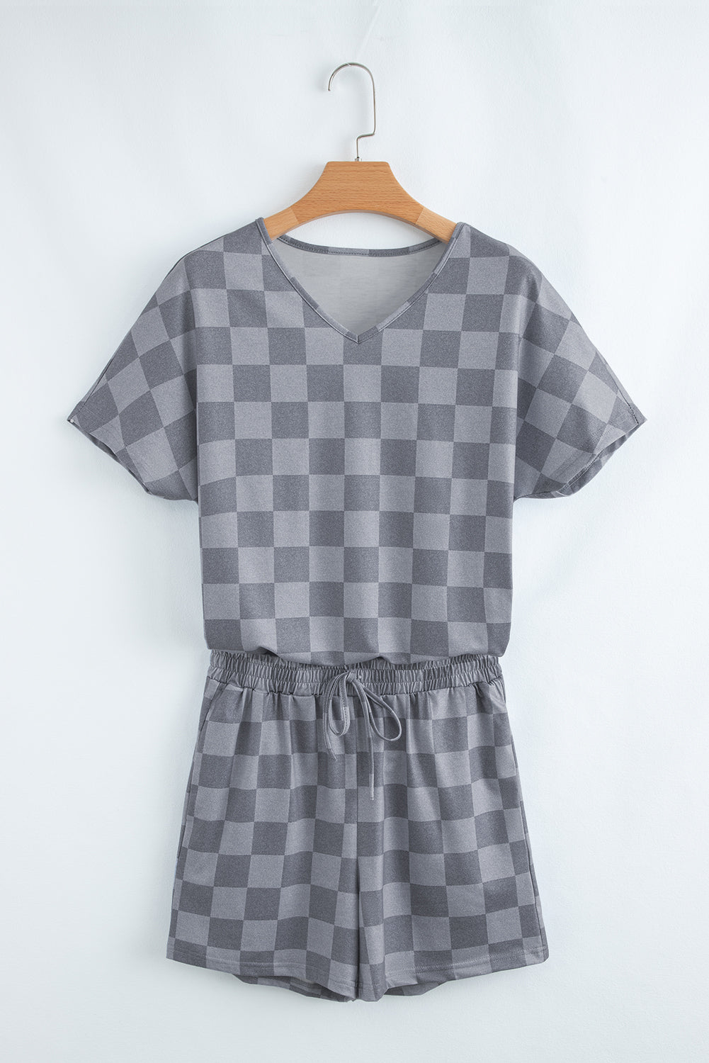 Gray Checkered V Neck Tee and Drawstring Shorts Pajama Set