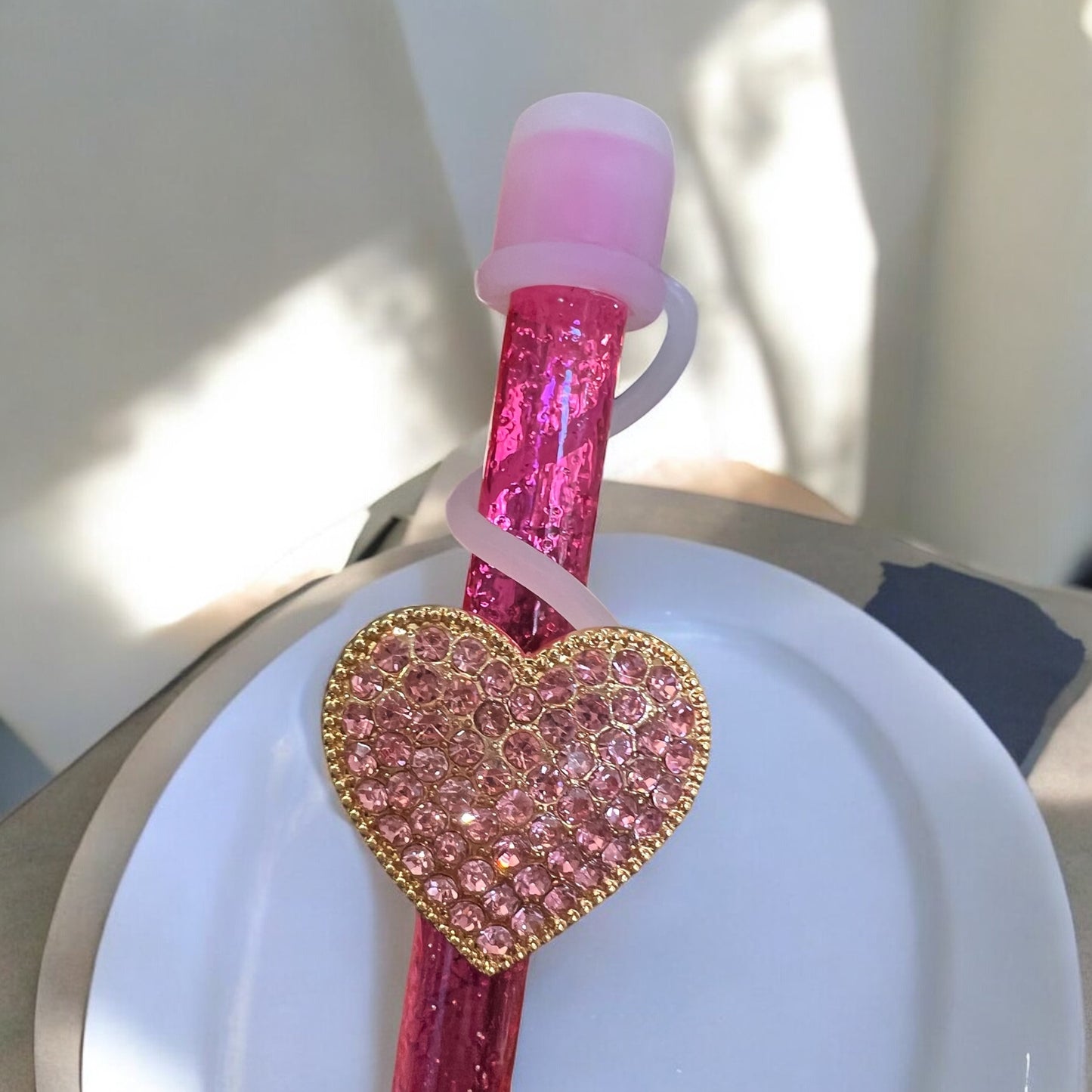 Pink Gold Bling Heart - Silicone Straw Topper 10mm