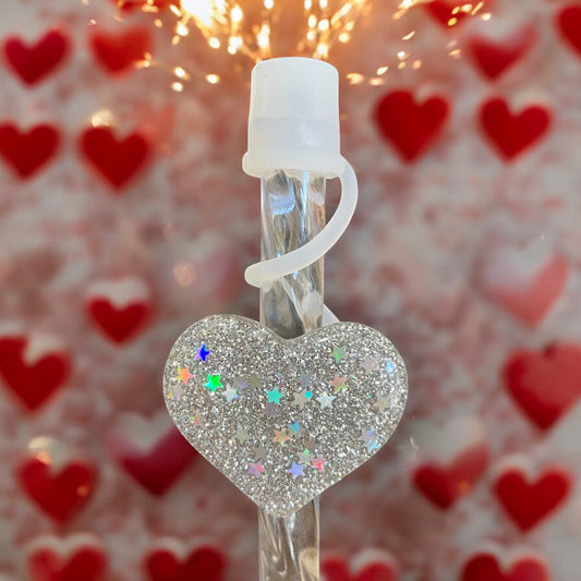 Silver Glitter Heart Silicone Straw Topper 10mm