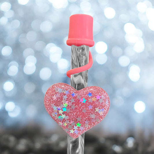 Coral Glitter Heart Silicone Straw Topper 10mm