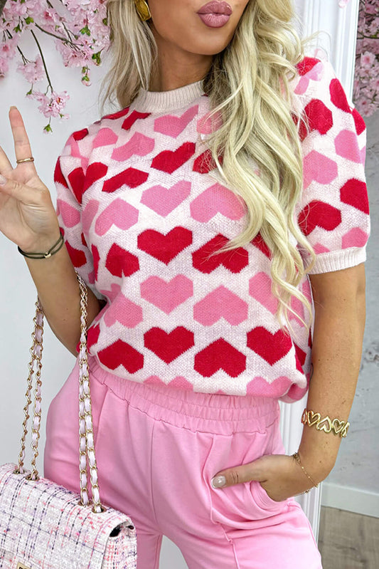 Sachet Pink Colorblock Heart Pattern Knit Top