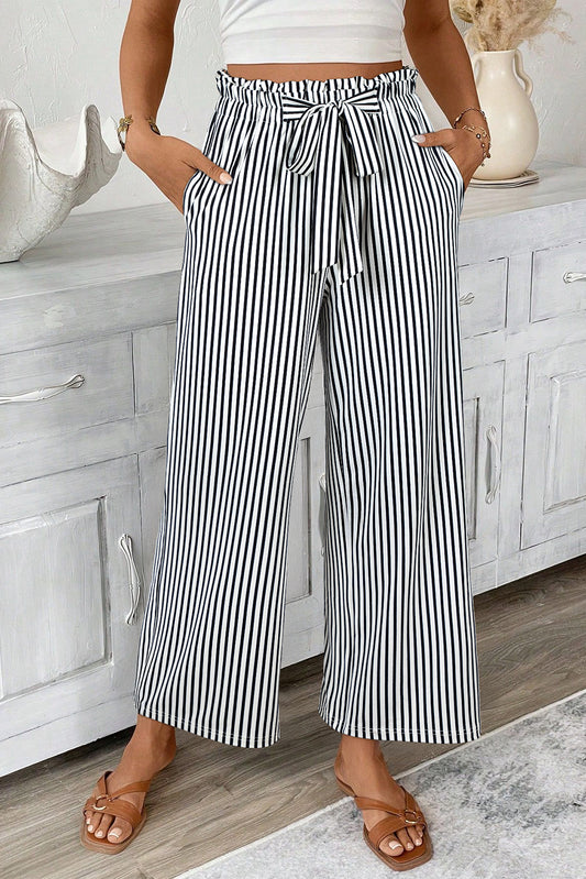 Black Striped Frill Knot Waist Decor Pants