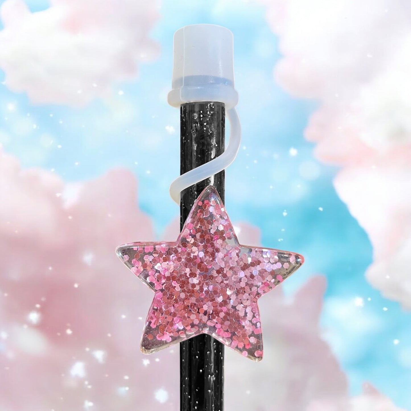 Pink Glitter Star Silicone Straw Topper 10mm