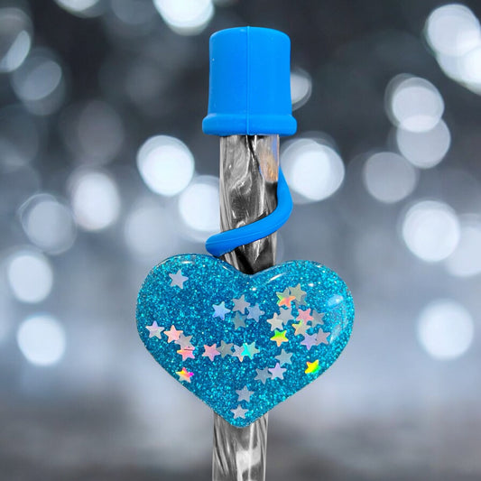 Blue Glitter Heart Silicone Straw Topper 10mm