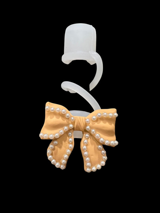 Apricot Pearl Bow Silicone Straw Topper 10mm