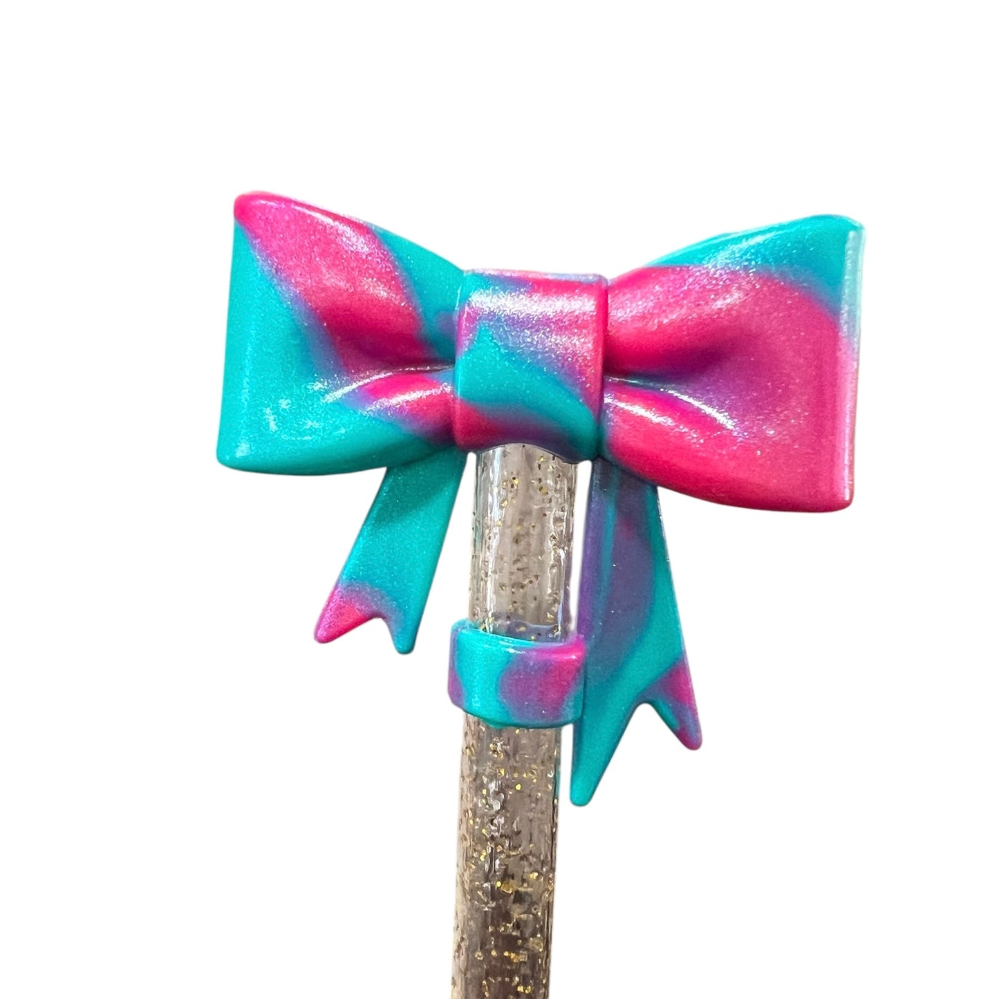 Teal Pink Shimmer Large Bow - Silicone Straw Topper 10mm