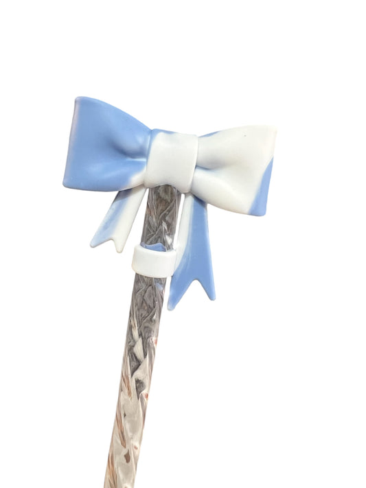 Blue White Large Bow Silicone Straw Topper 10mm