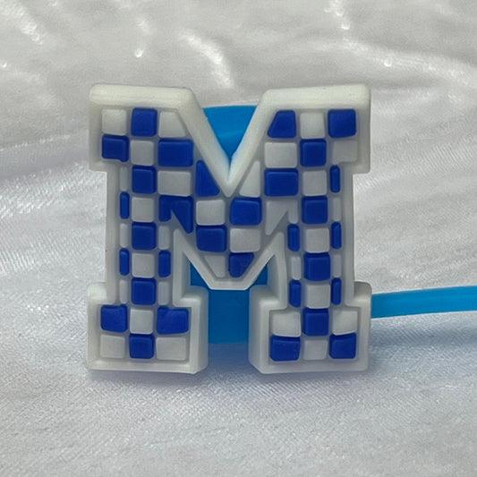 Blue White Check Letters & Numbers Straw Topper 10mm