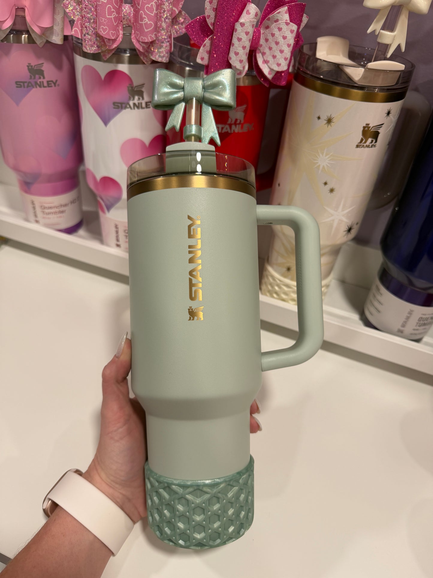 Sage Pearl shimmer Large Bow - Silicone Straw Topper 10mm