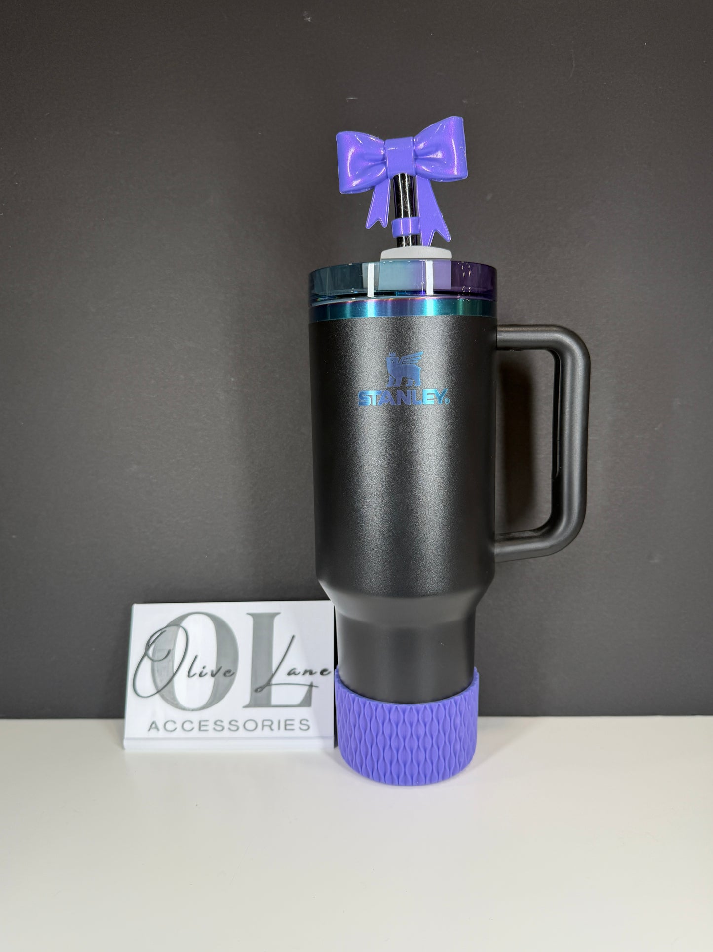 Purple Metallic Large Bow - Silicone Straw Topper 10mm