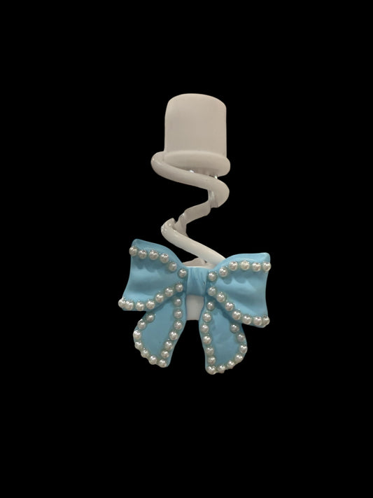 Blue Pearl Bow Silicone Straw Topper 10mm