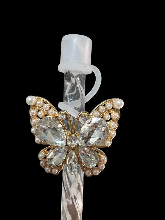 Clear Pearl Butterfly Silicone Straw Topper 10mm