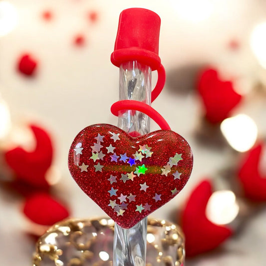 Red Glitter Heart Silicone Straw Topper 10mm