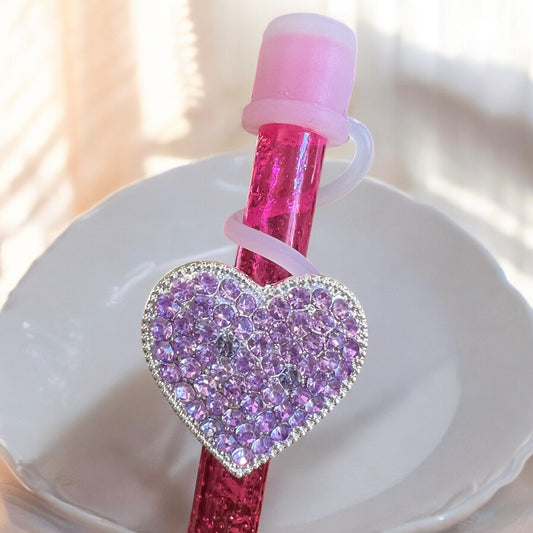 Purple Silver Bling Heart - Silicone Straw Topper 10mm