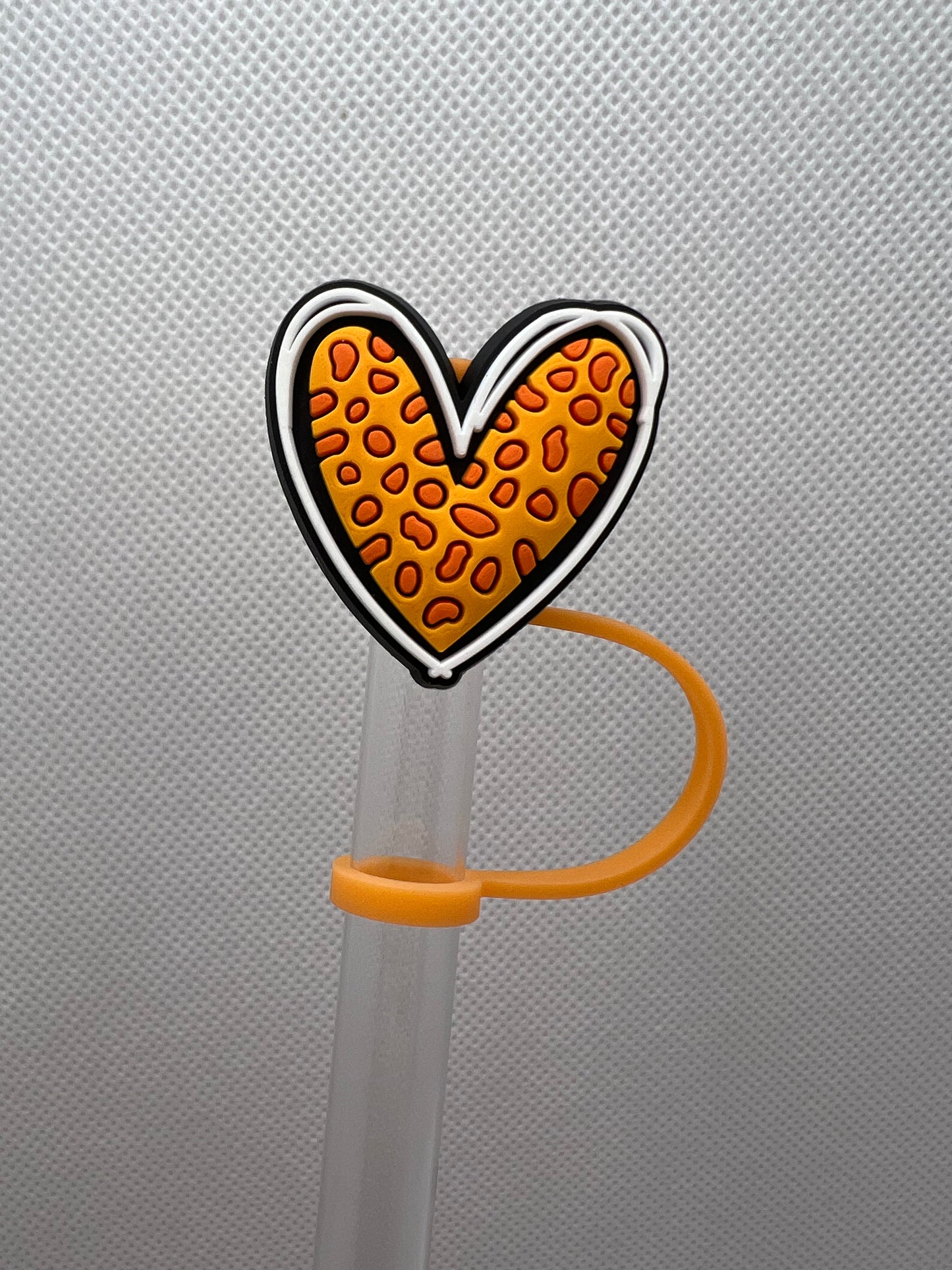 Orange Leopard Heart Silicone Straw Topper 10mm