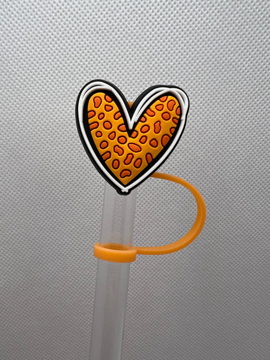 Orange Leopard Heart Silicone Straw Topper 10mm