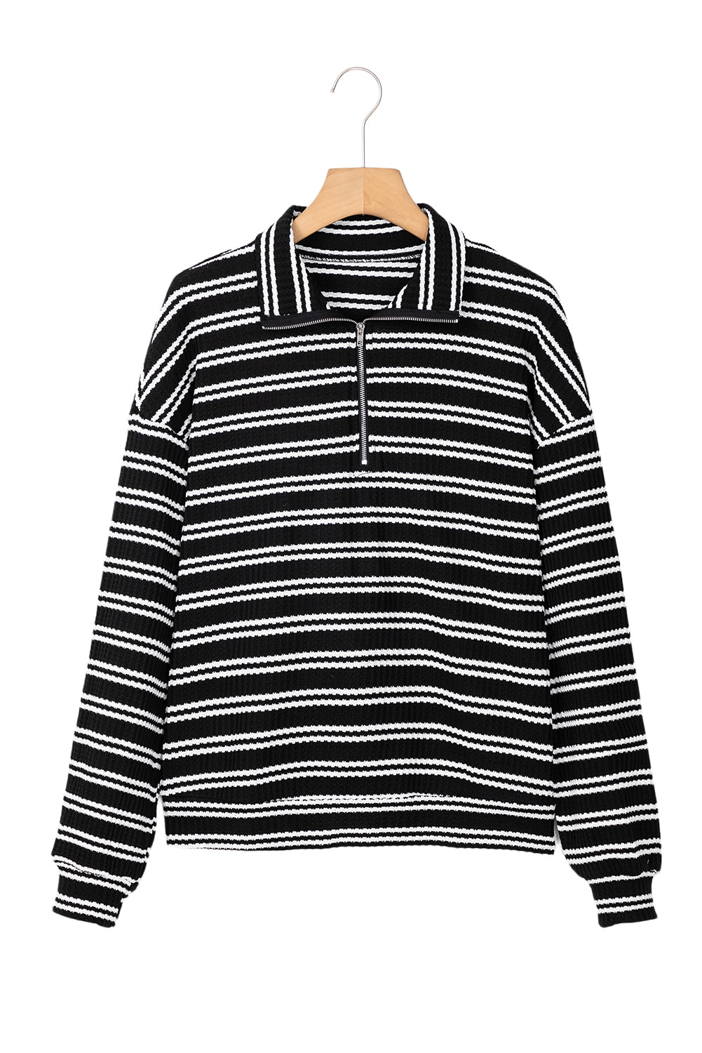 Black Stripe Textured Quarter Zip Collar Long Sleeve Top