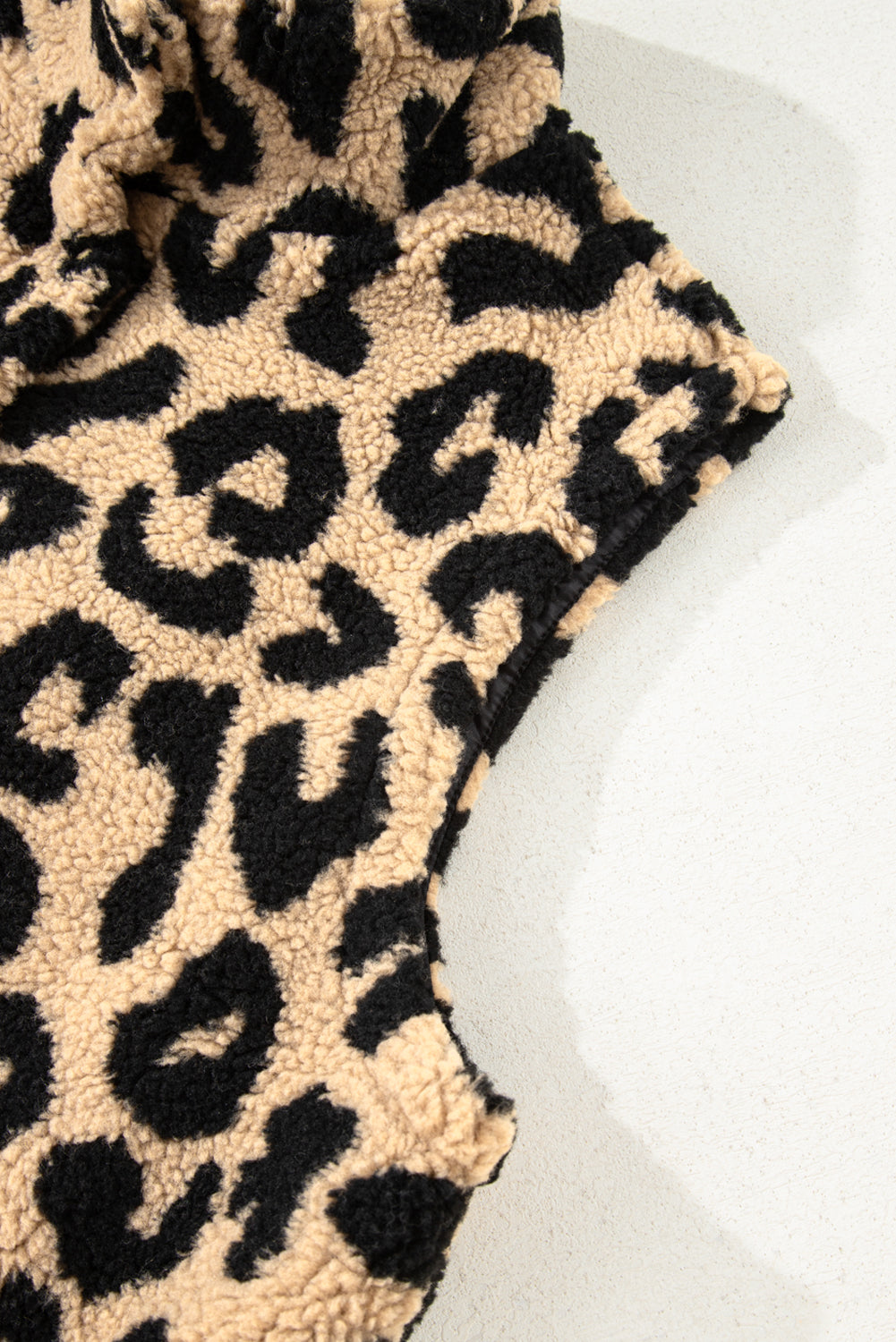 Khaki Leopard Sherpa Button Front Collared Plus Size Vest Jacket