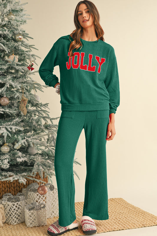 Evergreen Crinkle Rib JOLLY Pattern Long Sleeve Top and Pockets Pants Set