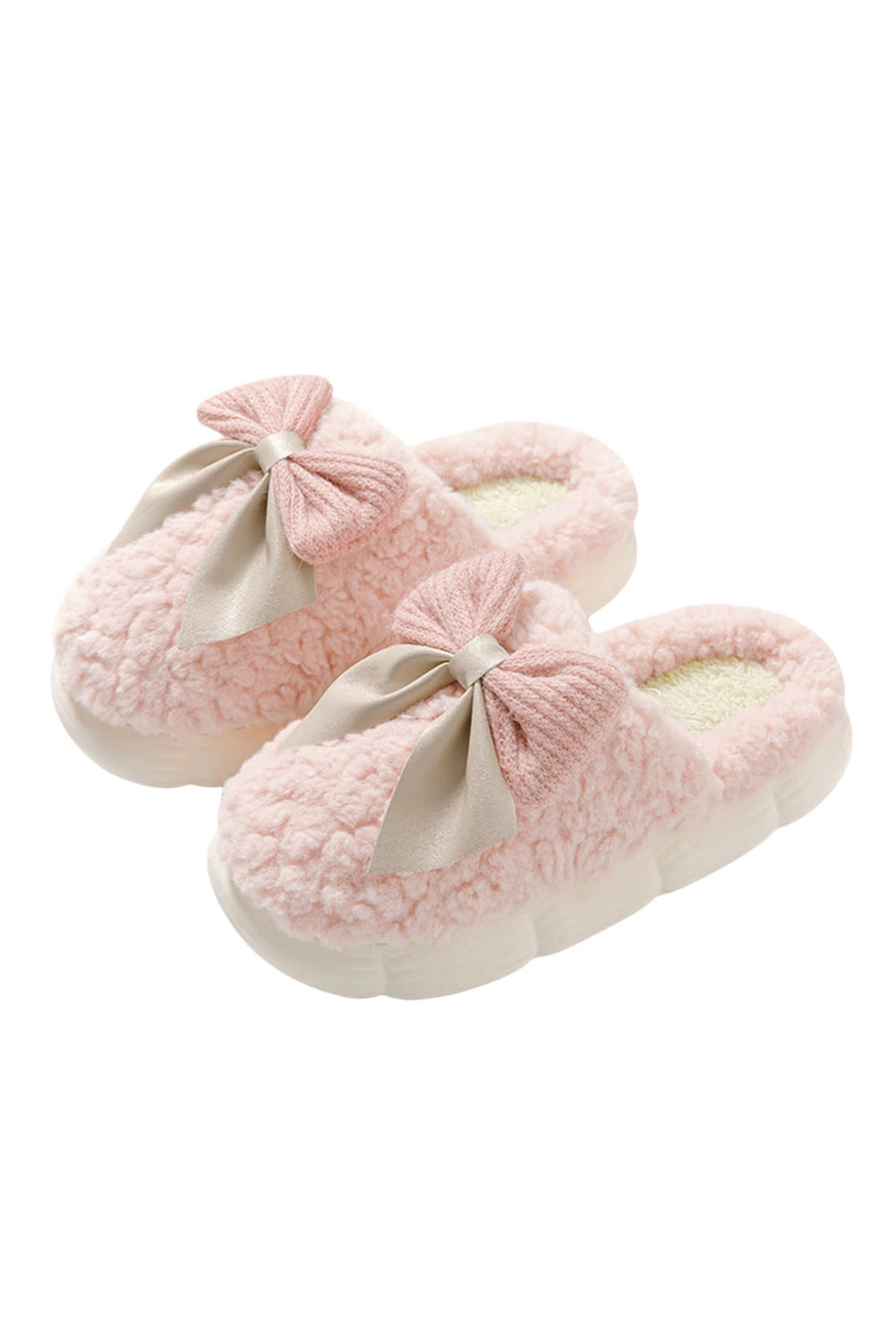 Pink Contrast Bowknot Applique Plush Winter Slippers (Colors May Differ by Batch)