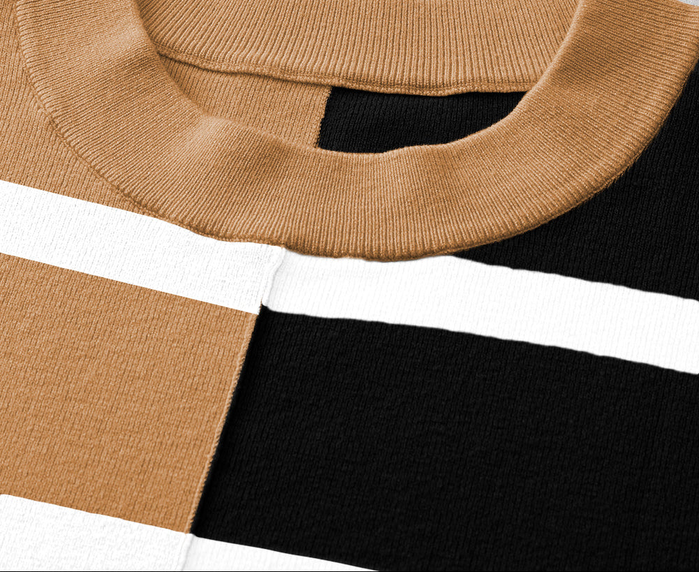 Light Beige Striped Colorblock Drop Shoulder Sweater