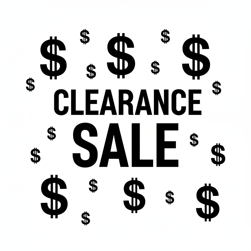 Create a black and white clearance sale sign that is square and has dollar signs on it