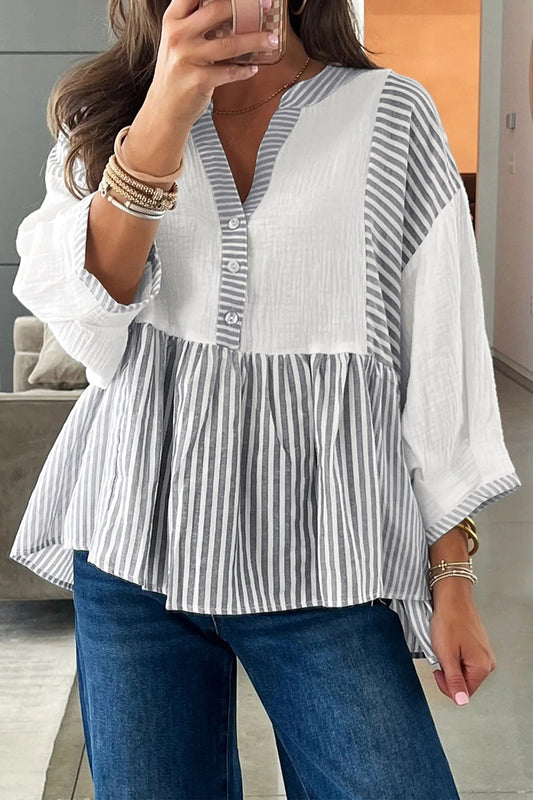 Gray Stripe Half Button Gauze Patchwork Bracelet Sleeve Babydoll Blouse