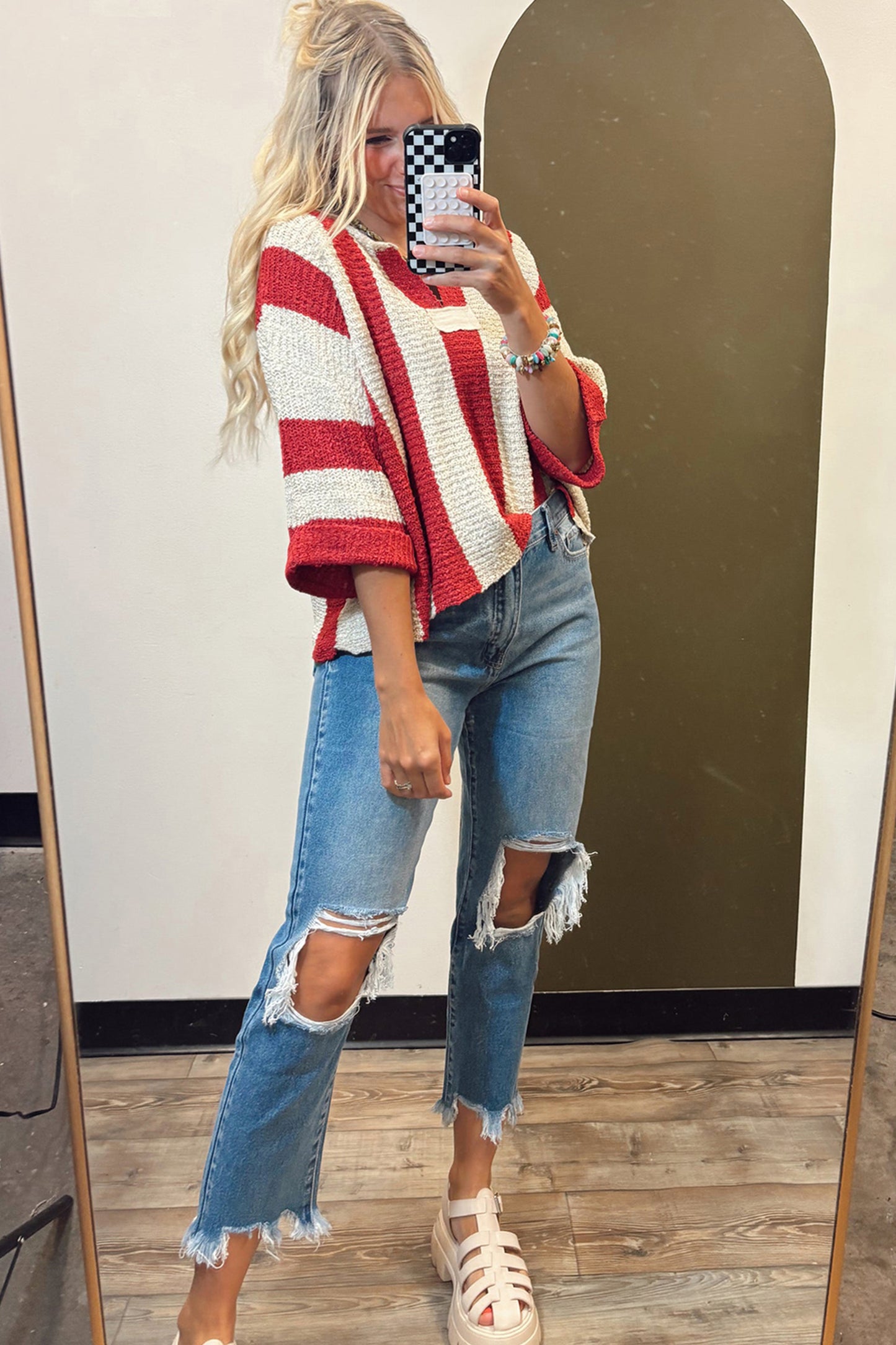 Red Stripe Colorblock V Neck Bracelet Sleeve Sweater