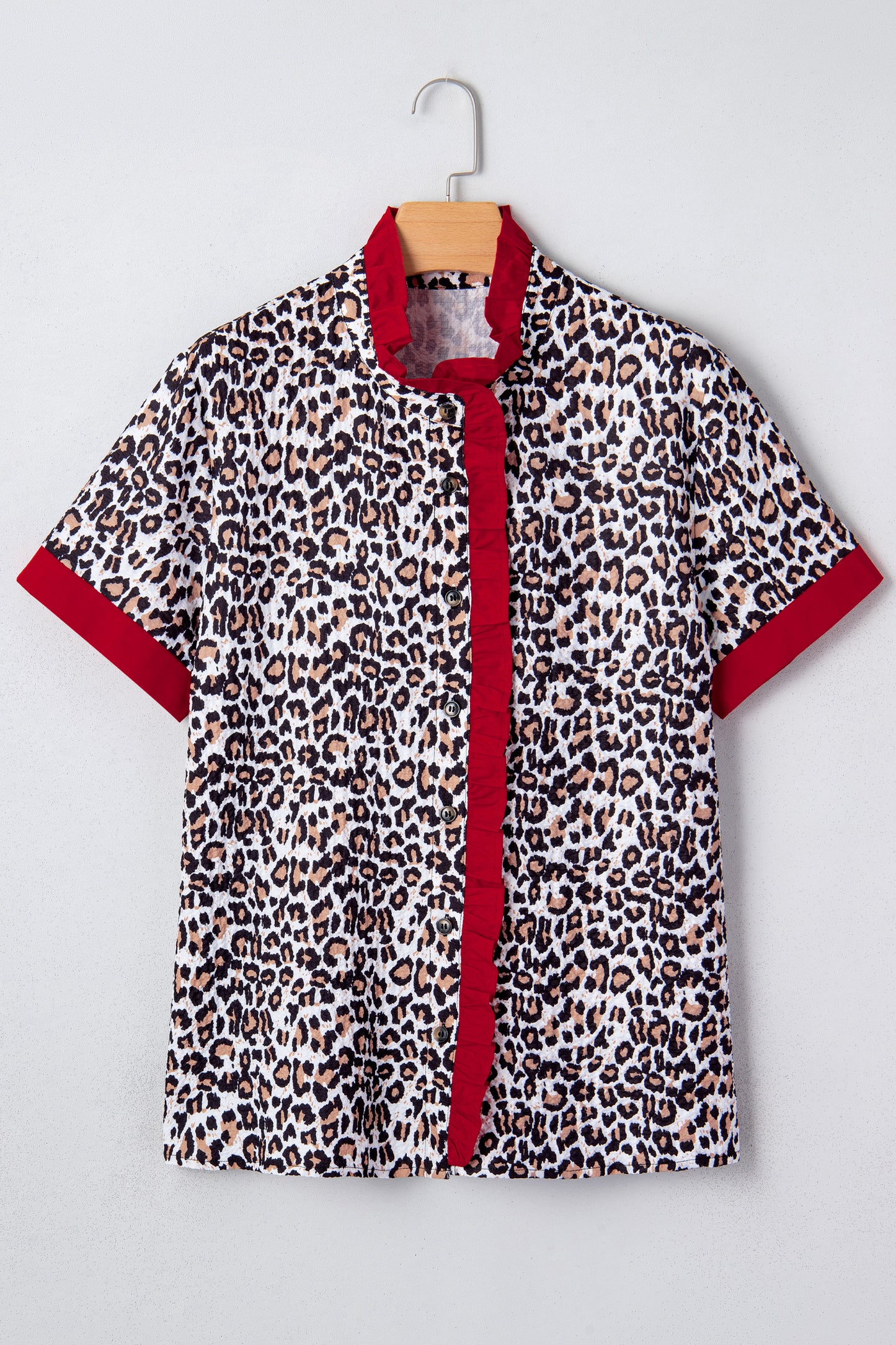 Khaki Contrast Frilled V Neck Trimmed Leopard Shirt