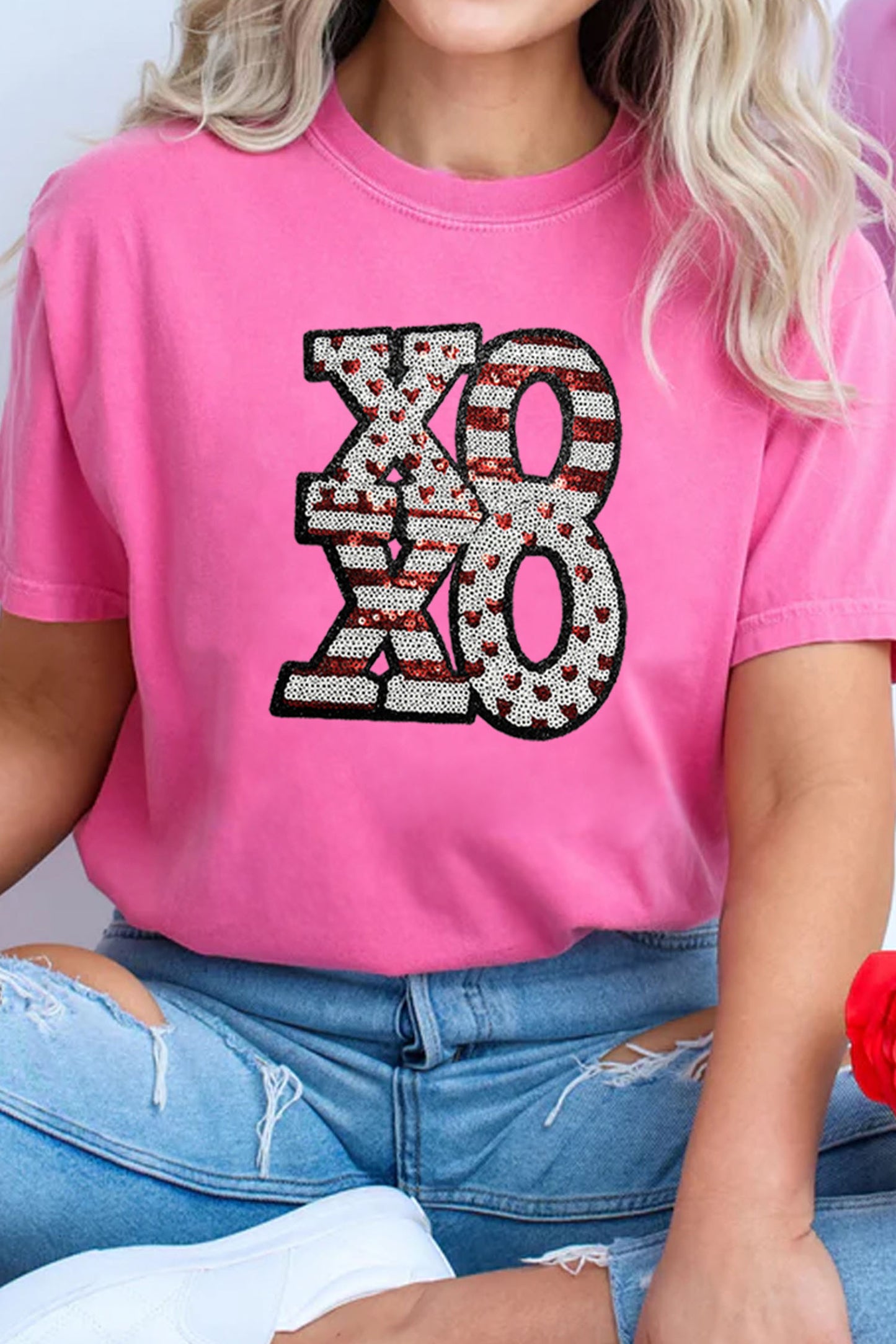 Sachet Pink Sequined XOXO Graphic Valentine T Shirt