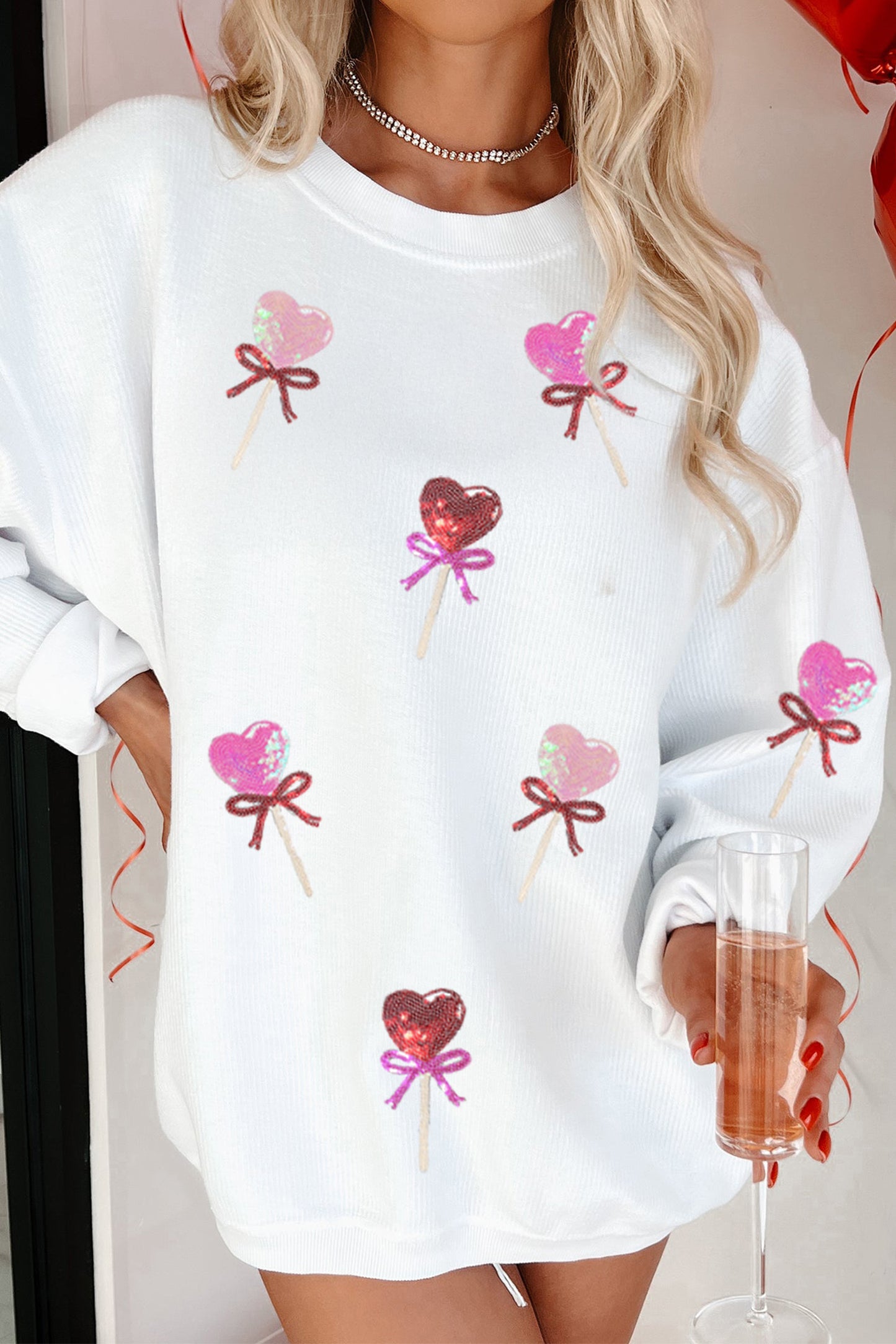 White Heart Lollipop Sequin Pattern Valentine Sweatshirt