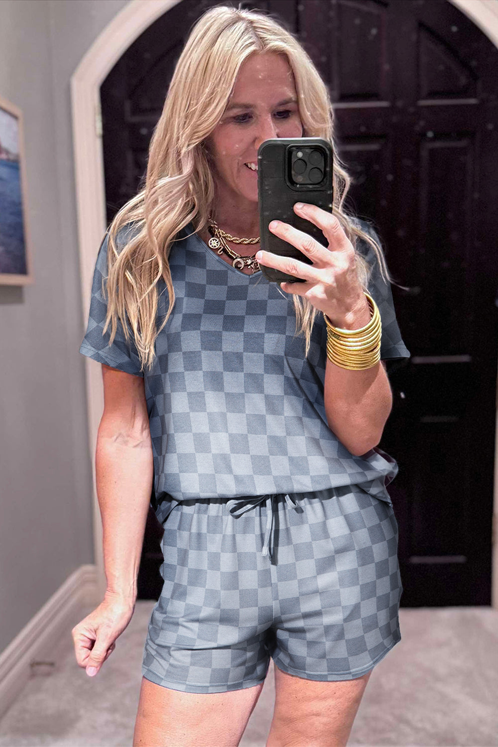 Gray Checkered V Neck Tee and Drawstring Shorts Pajama Set